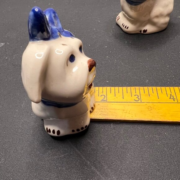 Vintage Ceramic Dog Salt & Pepper Shakers With Blue Bow Design Table Decor Retro - Picture 10 of 15